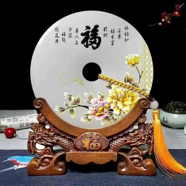 天然玉石平安扣客厅玄关装饰桌面创意乔迁礼物新中式招财风水摆件