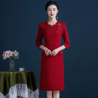 2026年换季早春新款波浪领针织烫金钉珠修身版假两件喜婆婆妈妈装