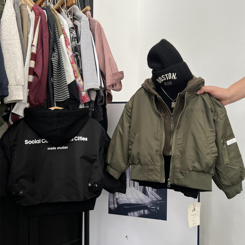 Autumn and Winter Children's American Fake Two-piece Airplane Suit Boy's Hooded Jacket Handsome Aviator Jacket Baseball Jacket