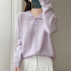 重工钩花秋冬新款Polo翻领减龄羊毛开衫女时尚气质百搭羊绒打底