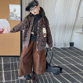 女童秋冬豹纹毛衣针织衫外套两件套2025新款女大童冬季阔腿裤套装
