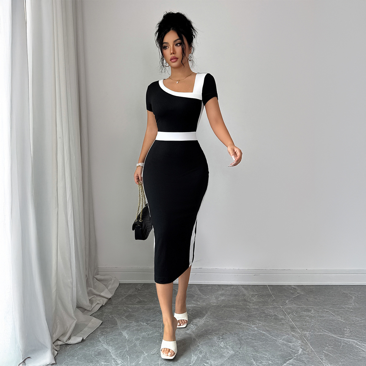 Women's Elegant Sophisticated Dress Slanted Neck Color Block Design Spring Summer Both Style And Comfort_ecoleips.com