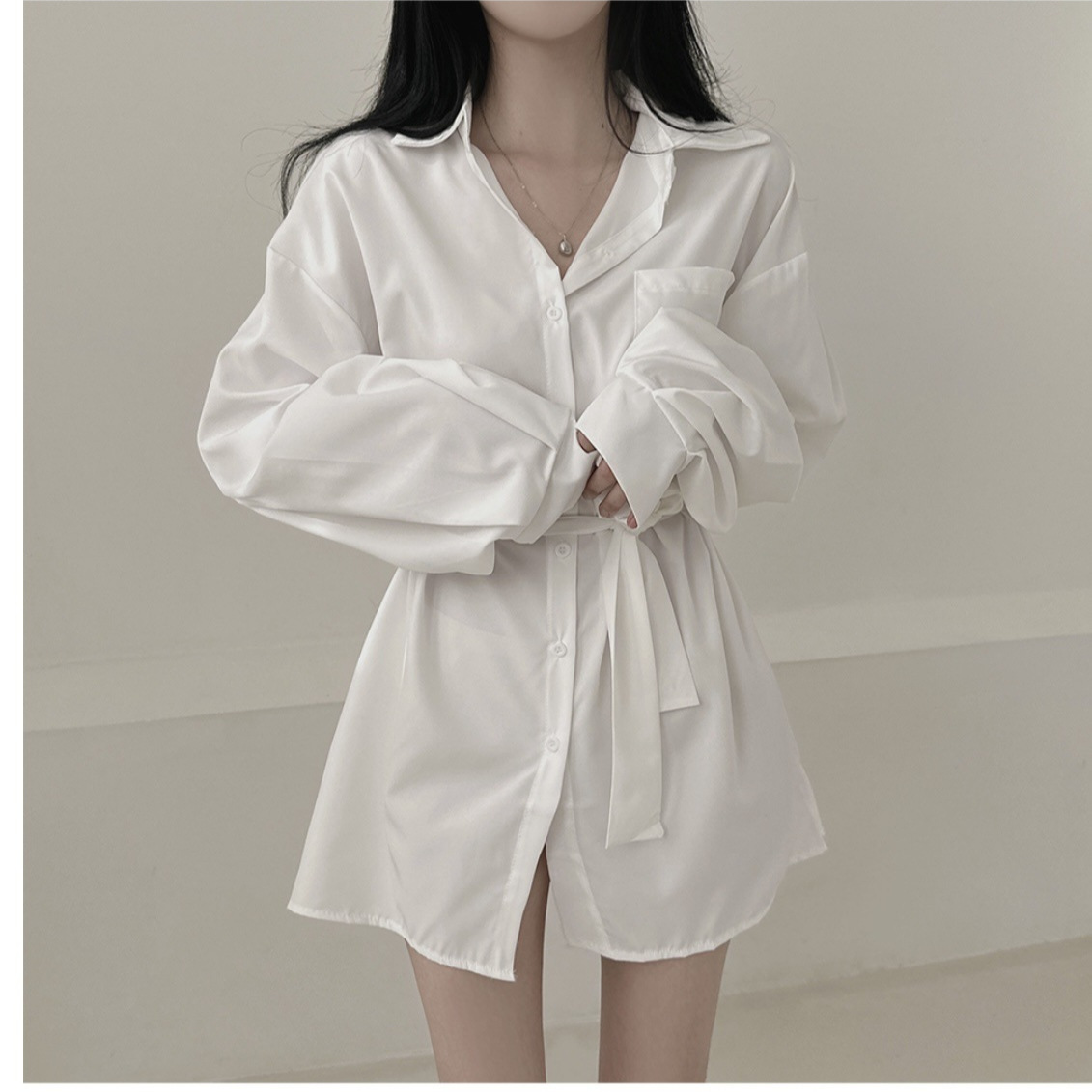 韩国chic2025春夏新款宽松腰带系带显瘦慵懒纯欲性感翻领连衣裙女