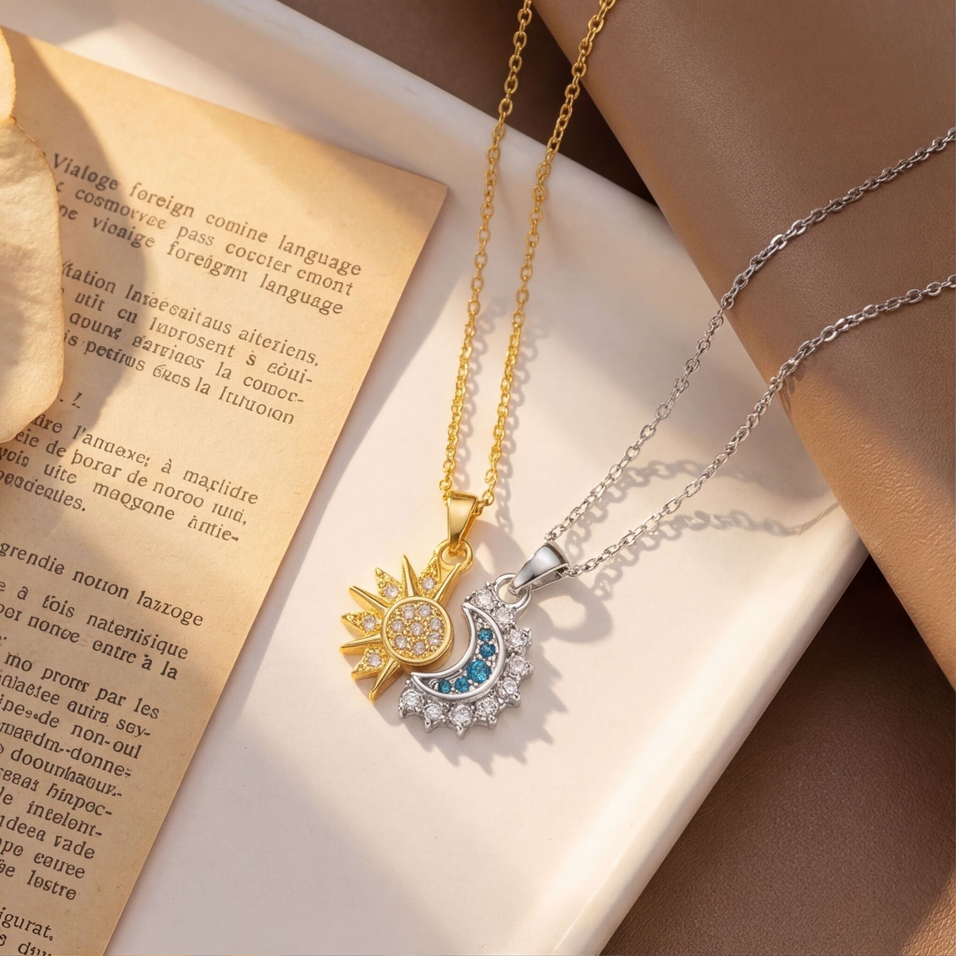 Cross-Border Popular Retro Sun and Moon Stacked Necklaces for Women, Sun and Moon Clavicle Chain, Open Ring, Copper Pendant Set