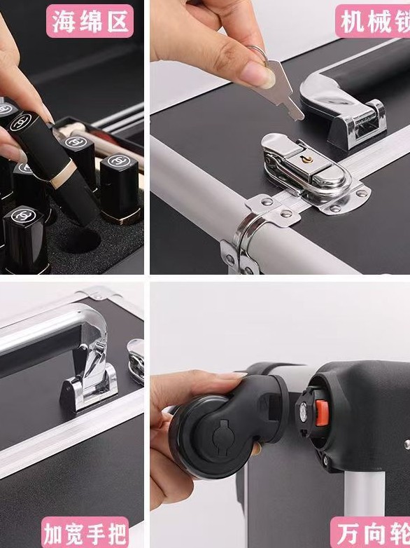 Caja de maquillaje de larga capacidad, caja de maquillaje profesional con ruedas, caja de herramientas de bordado de uñas y peluquería