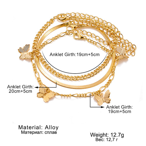 New Layered Chain Butterfly Pendant Ankle Chain, European and American Creative Alloy Metal Ankle Chain Set, Instagram Style