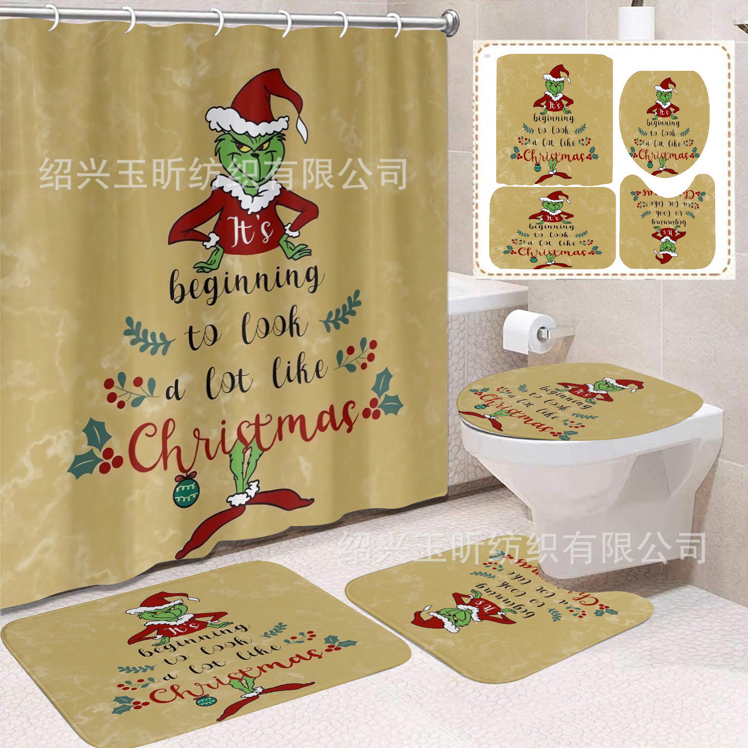Tela de cortina de ducha transfronteriza, cortina de ducha impermeable, alfombra antideslizante de baño, juego de Grinch 4 de pelo verde al por mayor, sin perforación