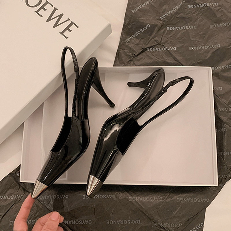 Chen Xiaofan Black Patent Leather Covered Sandals Women's Single-layer Shoes Stiletto Heel Metal Pointed Park Choi-young rose High-heeled Shoes