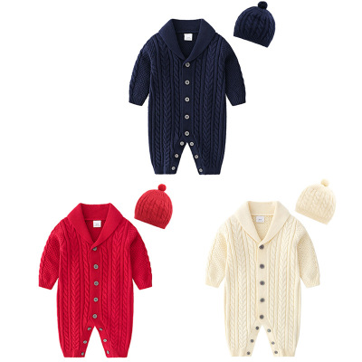 跨境秋冬新款帥氣男寶翻領麻花針織連體衣7037洋氣嬰幼兒毛線爬服