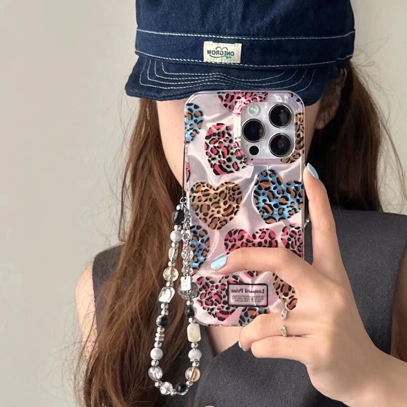 Sweet Cool Style Leopard Print Heart Suitable for iPhone 14 Chain 17Promax Phone Case 16 Apple 13P Female 15