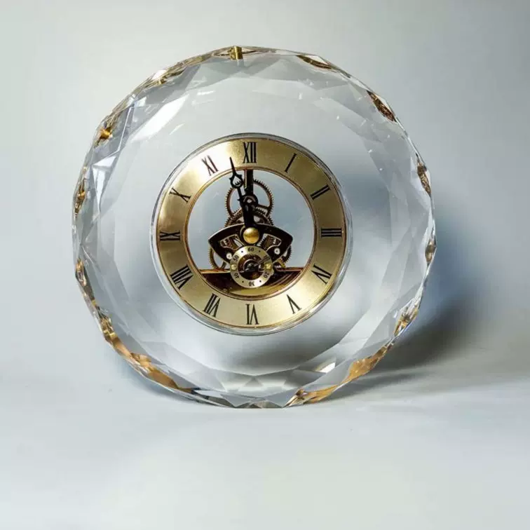 水晶钟表logo内雕轻奢水晶钟摆件机械台钟创意钟表免费设计刻字