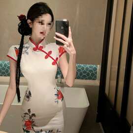 夏季改良旗袍复古风印花立领盘扣连衣裙女宴会收腰开衩中长裙跨境