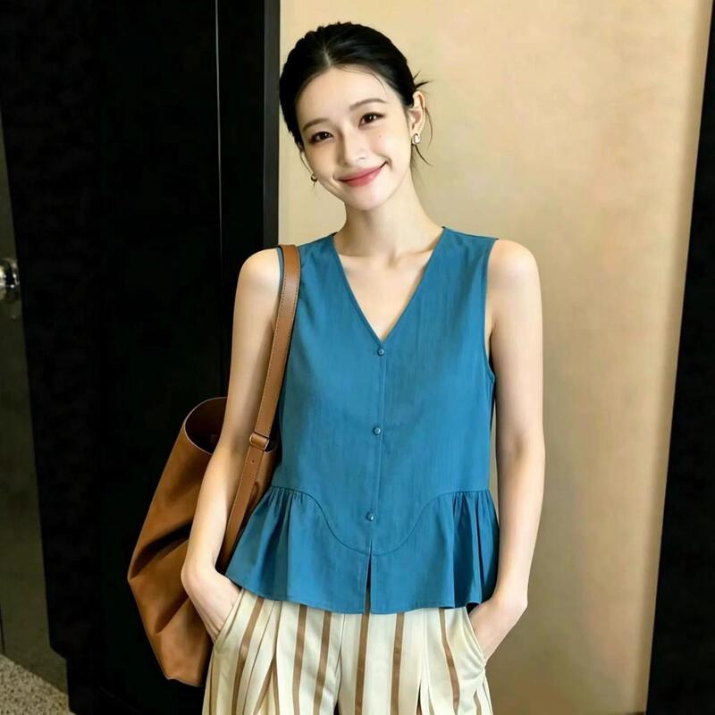 Ruffled Hem V-Neck Sleeveless Shirt for Women 2026 New Summer Casual Chic Thin Linen Blouse Top