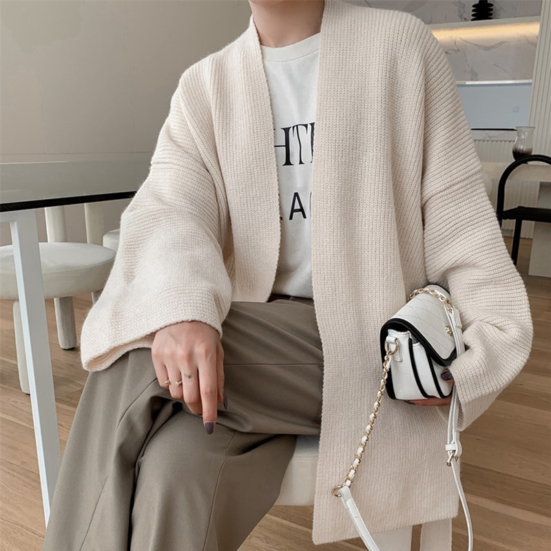 [Oportunidad real de fábrica] temporada temprana nueva solapa suéter suelto simple bata estilo cinturón suéter abrigo