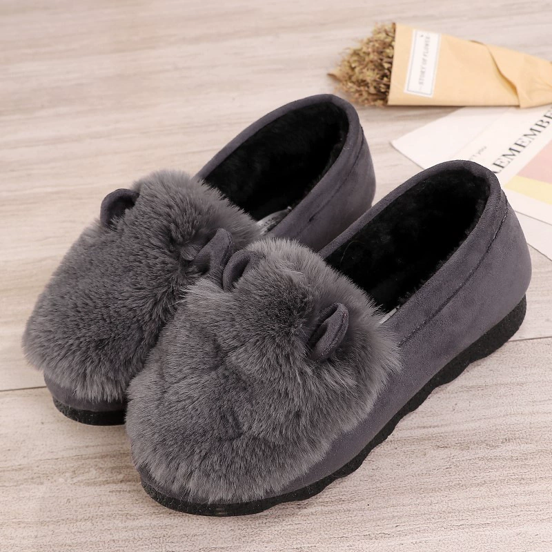 Женские меховые туфли с ушками кролика, теплые лоферы на флисовой подкладке, новинка 2025 года, универсальные женские хлопковые туфли на плоской подошве для носки на улице, осень-зима.
