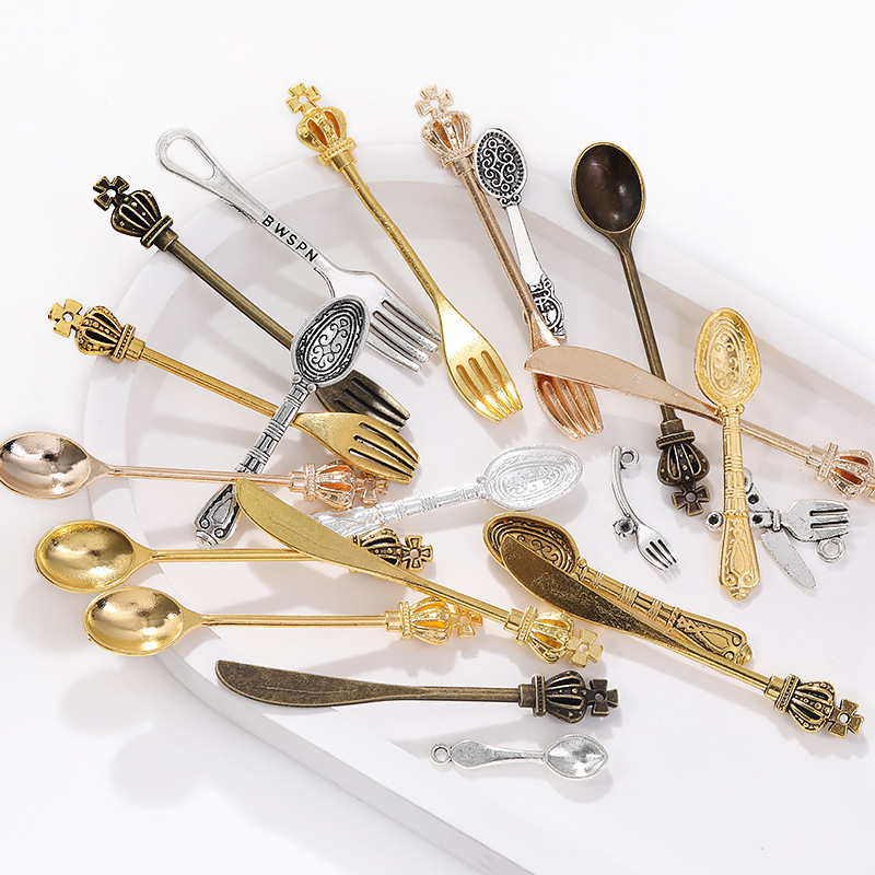 Wholesale 20 Cross-Border Hot-Selling Retro Mini Tableware Alloy Spoons Forks and Knife Pendants DIY Accessories