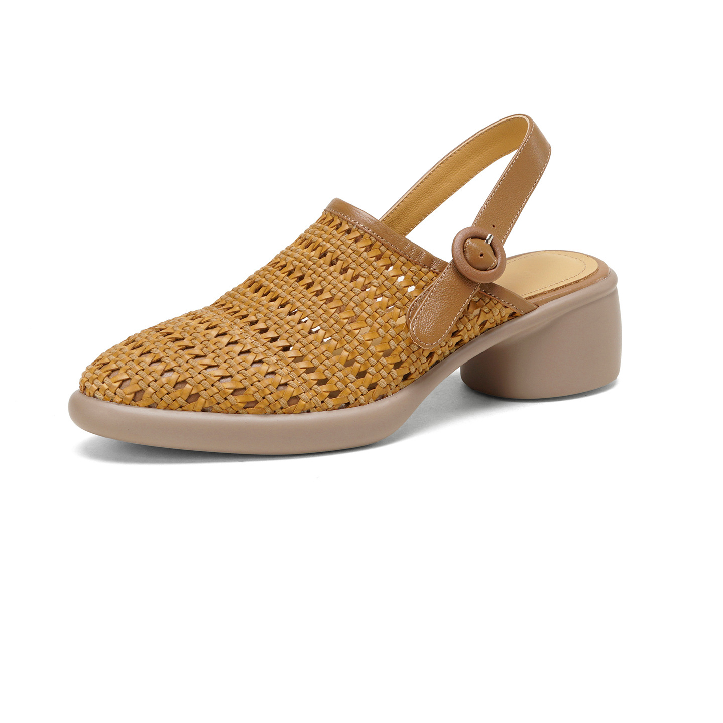 Sandal cao gót nữ mũi nhọn quai chữ T đan dây, gót thô 5 cm — Màu vàng đất chi tiết 16