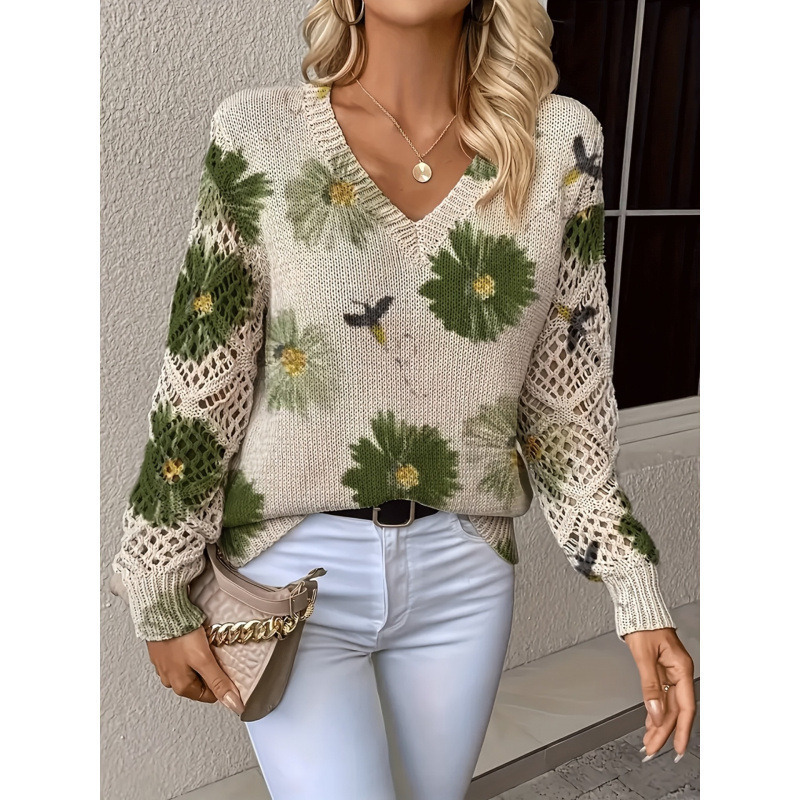 2025 Amazon Foreign Trade Cross-Border Best-Selling Printed Sweater Elegant Bohemian Floral V Neck Long-Sleeved Top