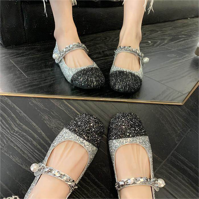 Giày Mary Jane nữ mũi vuông đế bằng phối màu ngọc trai, gót thấp 1–3 cm — Bạc phối đen, Đen bạc, Đen trắng