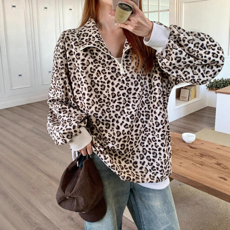 2025 Hot Style Amazon European and American Cross-Border Export Casual Sweatshirt New Leopard Print Long-Sleeved V Neck Zipper