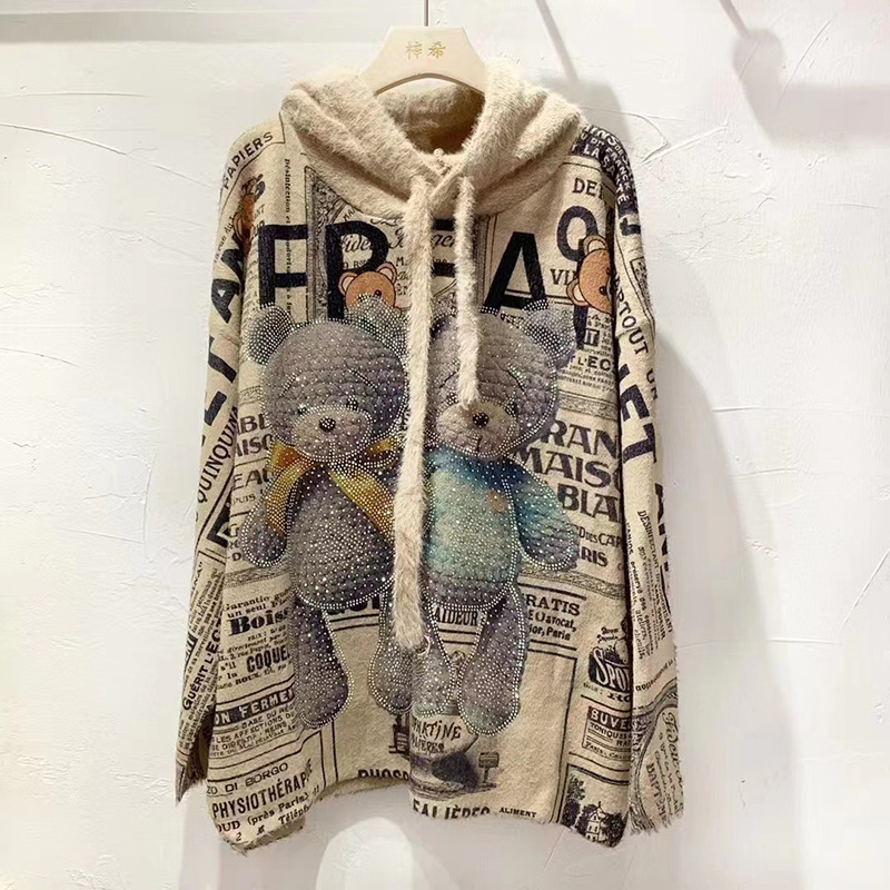Heavy Industry Diamond Imitation Mink Cashmere Sweater Women's European plus size Hooded Sweater Loose Lazy Style Soft Waxy Knitted Top