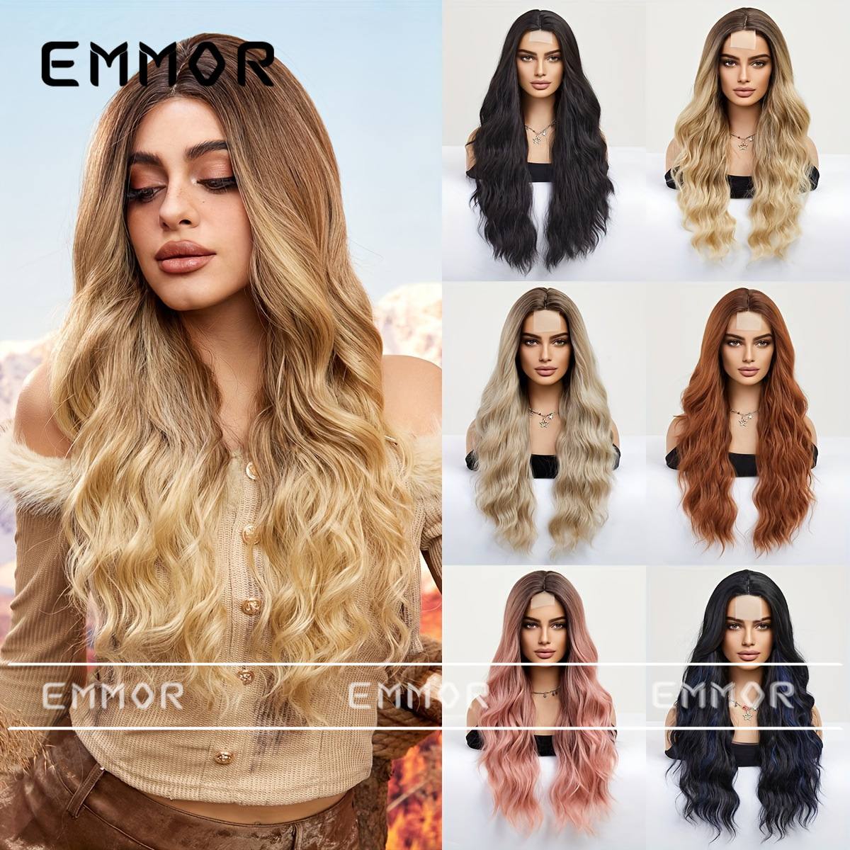 Venta caliente transfronteriza de Amazon, encaje de frente multicolor, ondas grandes, cabello largo y rizado, peluca de moda, cabello completo
