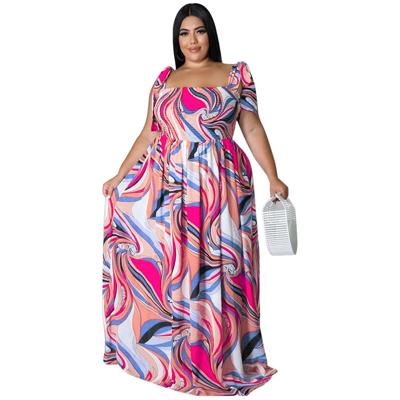 Dameskleding: Maxi-jurk met bandjes, geplooide buste en oversized strikprint, zwierige A-lijn zomerjurk_voghion.com