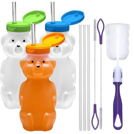 Taza de bebida de oso de punto transparente pe230 ml Juego de 12 piezas con pajita de silicona Cepillo de paja Cepillo de taza al por mayor