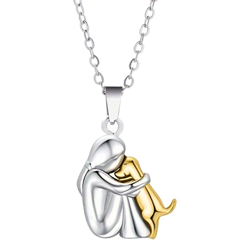 Little Girl Hugging Dog Necklace French Simple Daily Dress Women's Fashion Necklace Two-Color Electroplating