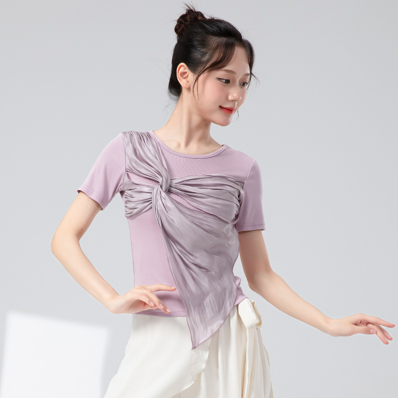古典舞蹈服女新款短袖交叉扭花中国风练功服飘逸现代舞演出服上衣|undefined