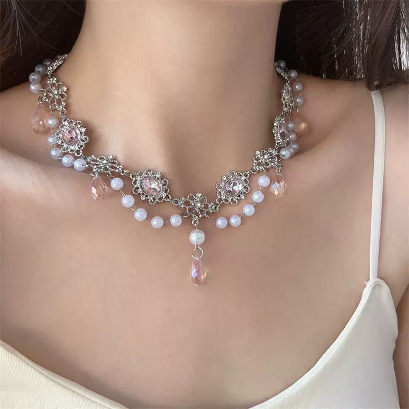 粉色水滴珍珠洛丽塔项链女 轻奢高级感碎骨链 小众晚礼服时尚项饰