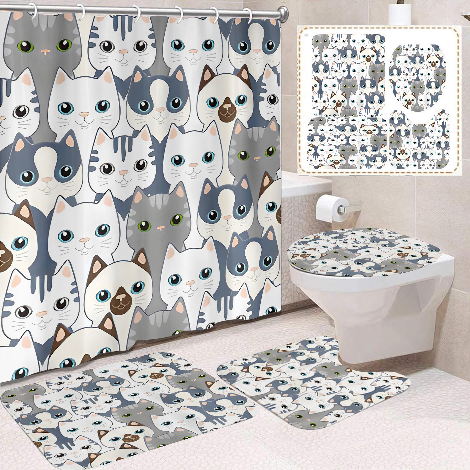 Fuente de fabricantes Amazon animales gatos niños cortina de ducha impermeable a prueba de moho cortina de ducha inodoro partición de baño divertido