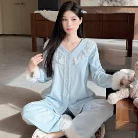 新款女睡衣韩版轻奢加厚双面海岛绒秋冬甜美套装长袖开衫家居服