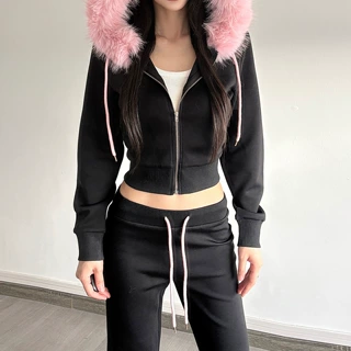 欧美甜辣妹粉色毛毛拼接连帽卫衣外套低腰抽绳系带修身微喇卫衣裤