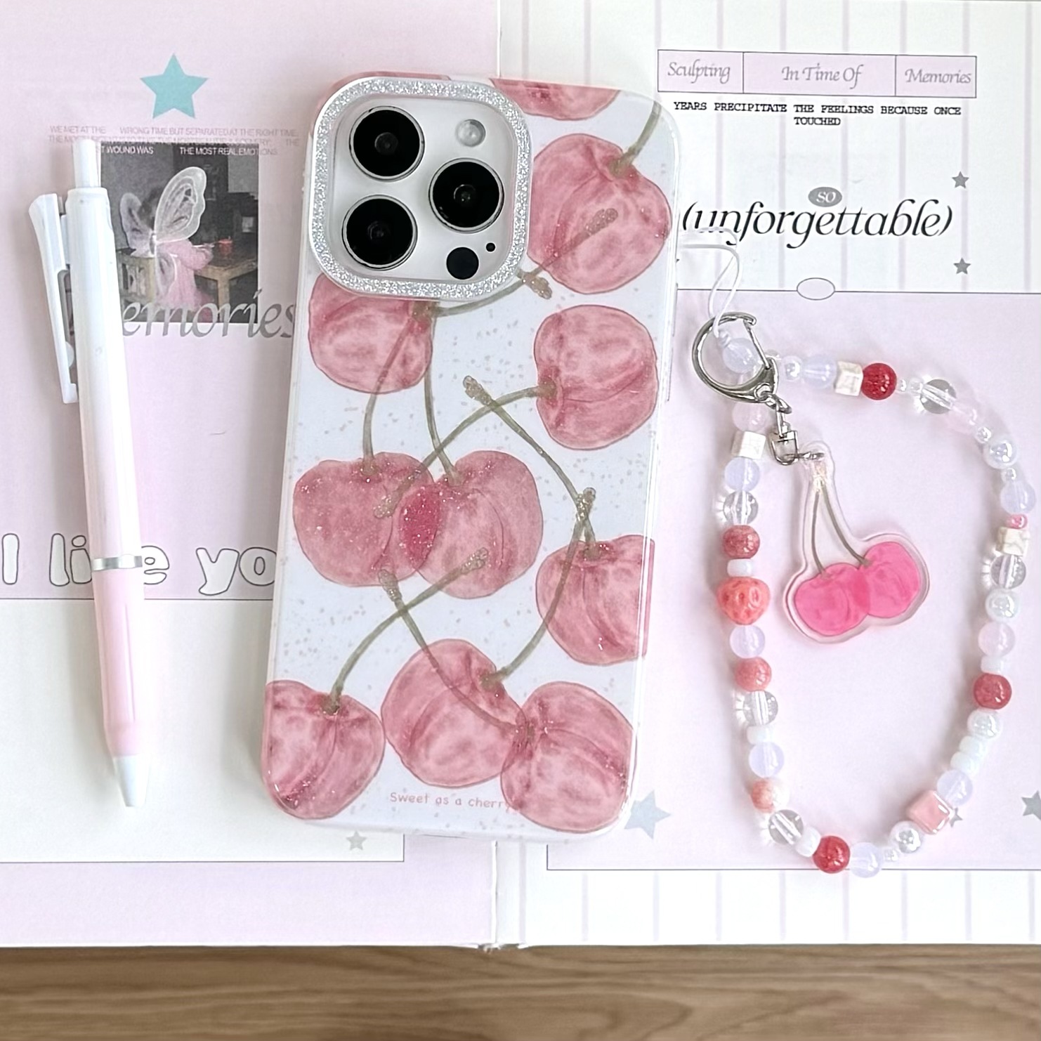 Verano pintura al óleo hueca brillo cereza apple 16ProMax funda para teléfono móvil 15Pro cadena 14/13 nuevo 16