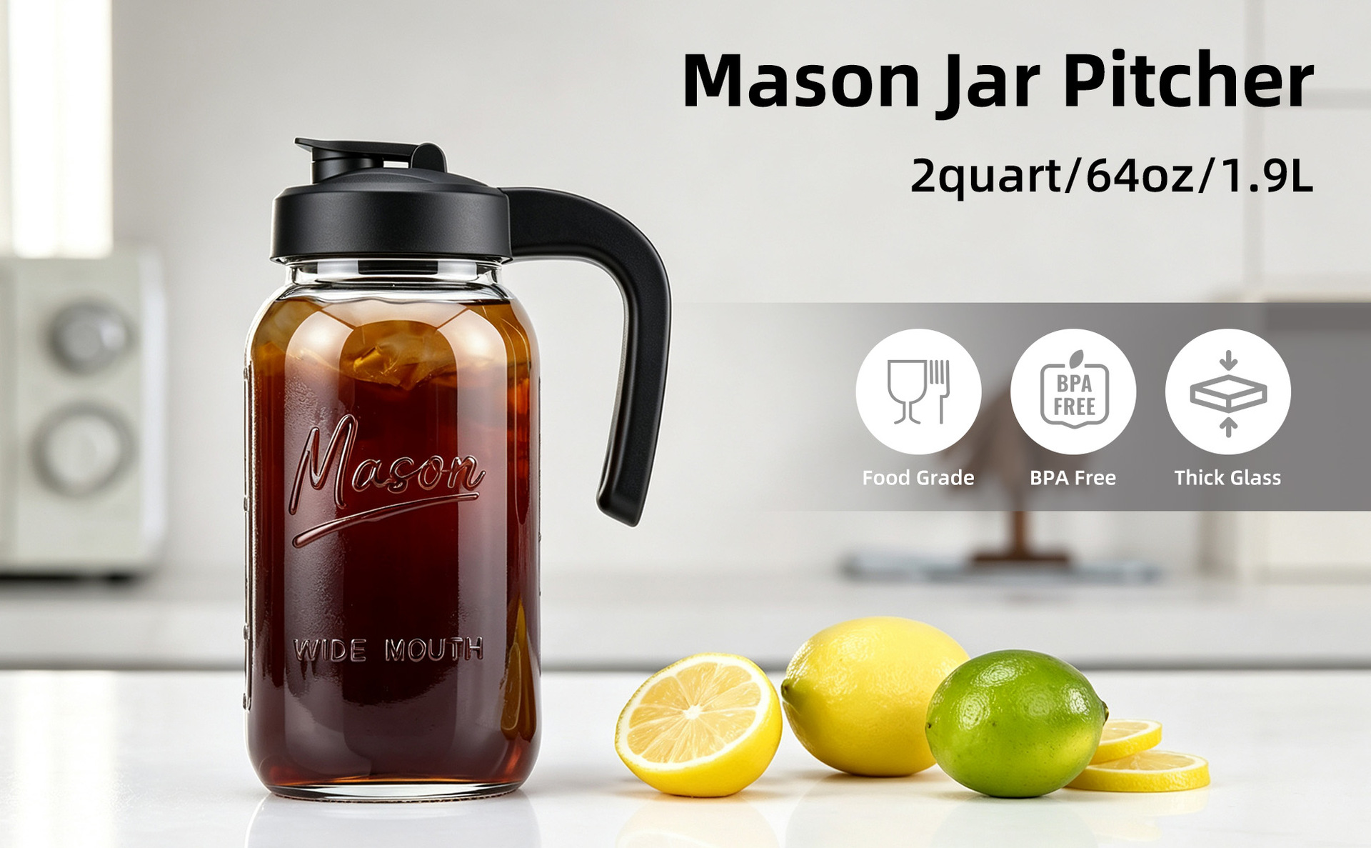 Tarro Mason para Bebidas con Asa de Vidrio de Boca Ancha 64oz 32oz para Jugos