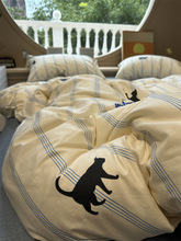ins奶油蓝条纹黑猫咪床上四件套全棉1.5m1.8米被套床单少女三件套
