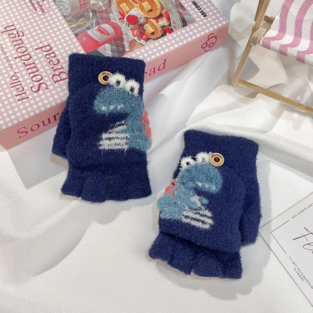 Impresión de dibujos animados coreanos dinosaurios guantes de niños lindos ociosos tejidos gruesos flip-up escritura guantes de cinco dedos