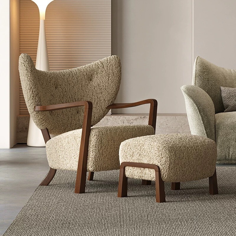 Mid-century modern Woolf-style leisure chair, French retro design, suitable for a guesthouse or living room, solid wood frame, sheepskin upholstery, single-seater sofa chair Mid-century modern Woolf-style leisure chair, French retro design, suitable for a guesthouse or living room, solid wood frame, sheepskin upholstery, single-seater sofa chair