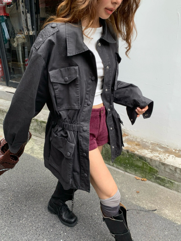 25年早秋款重水洗棉质复古洋气时髦翻领可抽腰工装夹克外套女|undefined