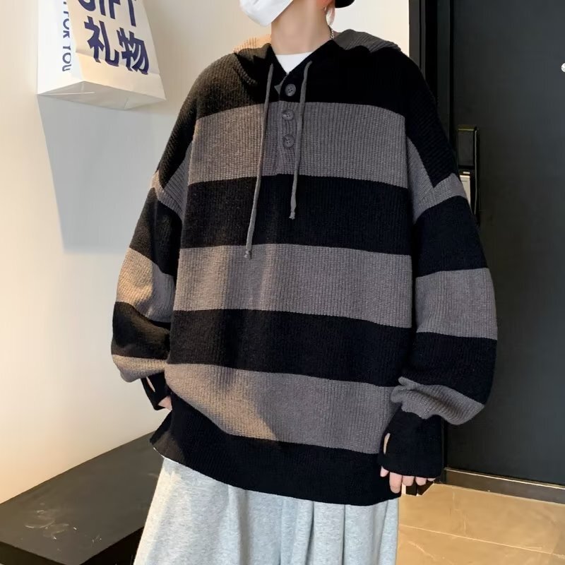 2022 New Autumn and Winter Men's Fashion Wide Striped Half-line Long-sleeved Top Buckle Hooded Thick Knitted OS Pullover Sweater