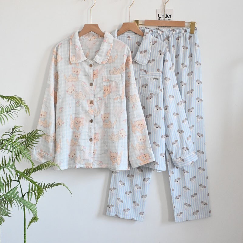 100% Class a Pure Cotton Double-Layer Gauze Striped Puppy Pattern Long-Sleeve Lapel Cardigan Women's Home Pajama Set 2026