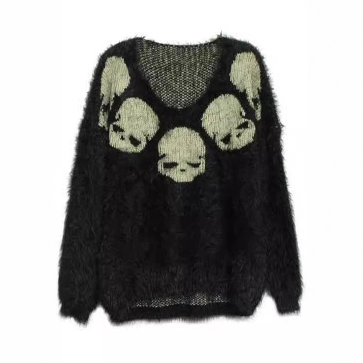 American Hip-Hop Style Autumn and Winter V Neck Knitwear Skull Top Pullover Bottoming Shirt Long-Sleeved Knitwear for Men and Women American Hip-Hop Style Autumn and Winter V Neck Knitwear Skull Top Pullover Bottoming Shirt Long-Sleeved Knitwear for Men and Women
