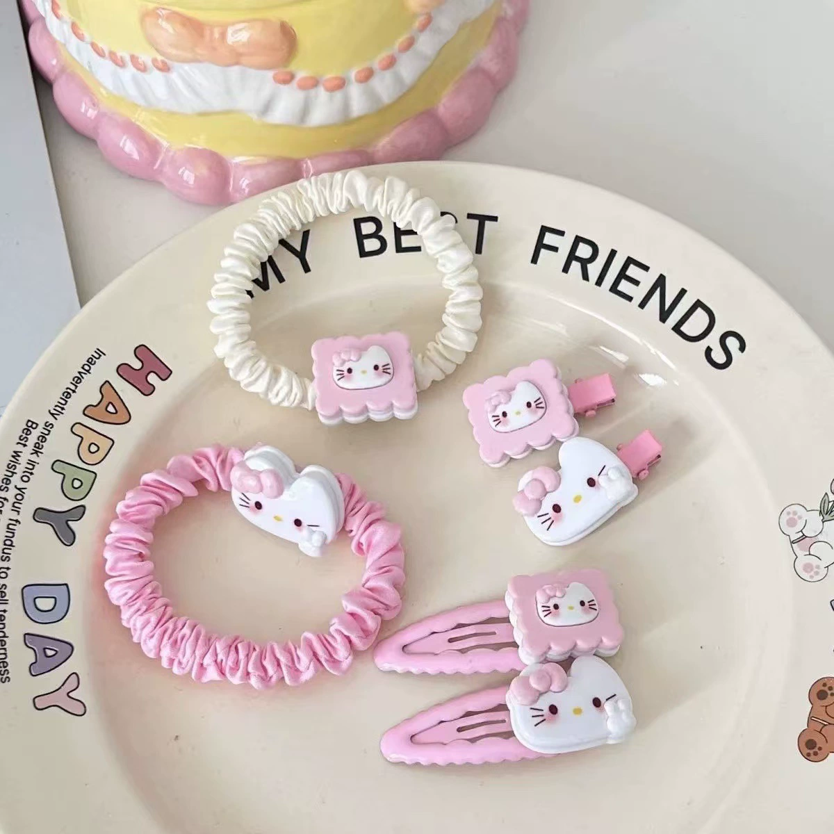 Аксессуар для волос (Hello Kitty) набор из 6 шт. — розовые заколки и резинки, пудровый дизайн