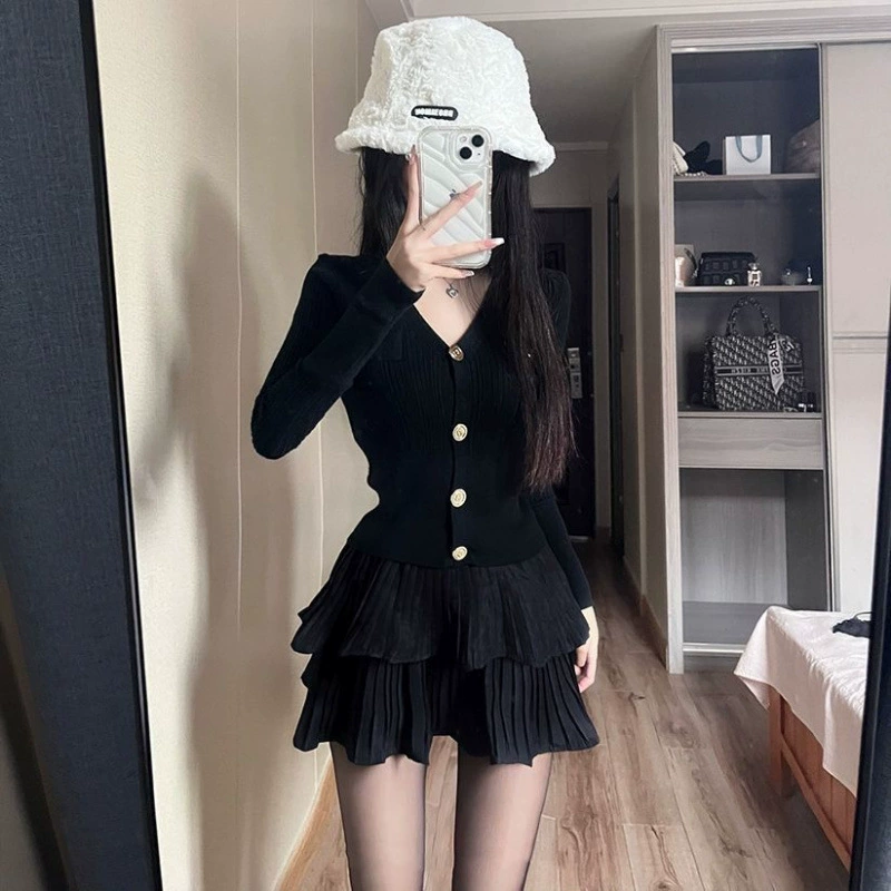Модный летний миниатюрный вязаный кардиган с пышной юбкой с высокой талией, женский элитный костюм с прямыми волосами