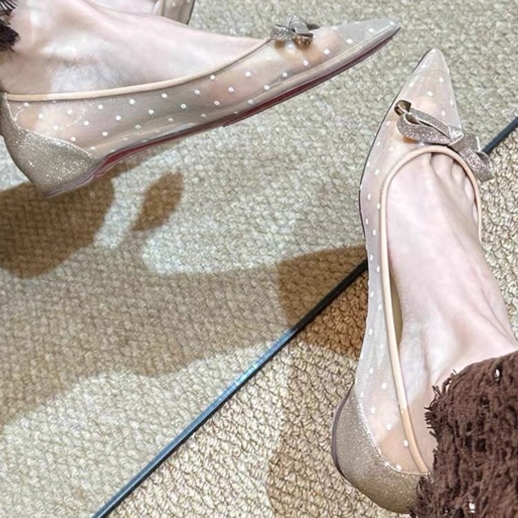 Mesh summer shoes with bow low-cut with hidden heel pointed-toe flat