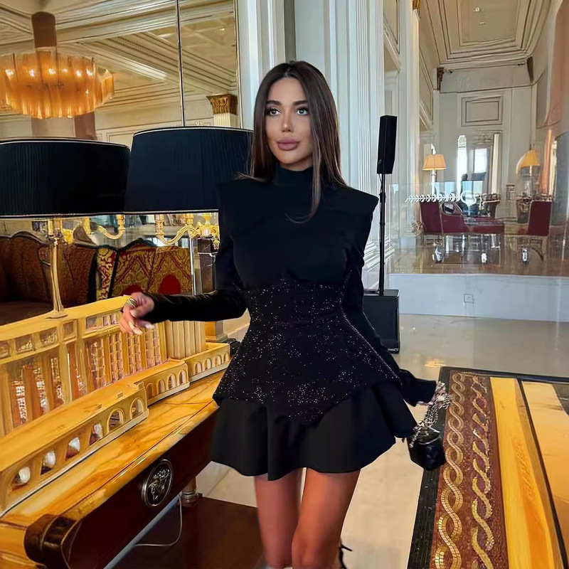 Cross-border 2024 New Elegant Collar Long-sleeved dress Fashion Sequin Contrast Sequin Slim-fit Stitching Skirt