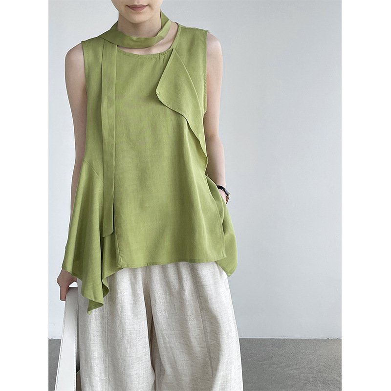 Taochuan Design-Inspired Ruffled Sleeveless Top for Women with Irregular Ribbons, Versatile Lyocell Vest T5065 Taochuan Design-Inspired Ruffled Sleeveless Top for Women with Irregular Ribbons, Versatile Lyocell Vest T5065