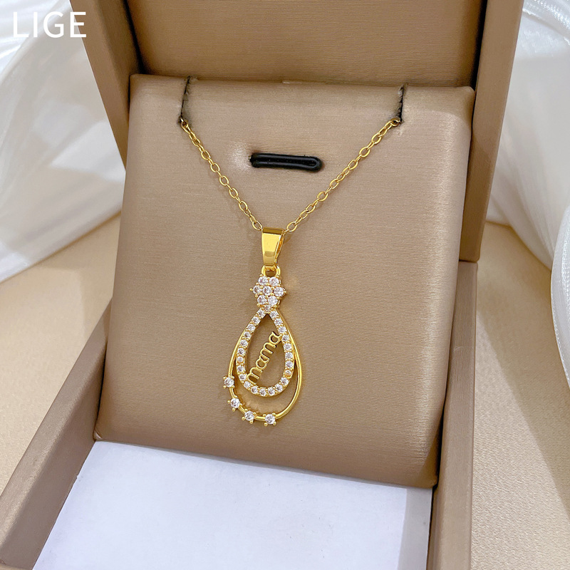 Full Diamond Mama Letter Necklace Elegant Water Drop Chain Women_voghion.com