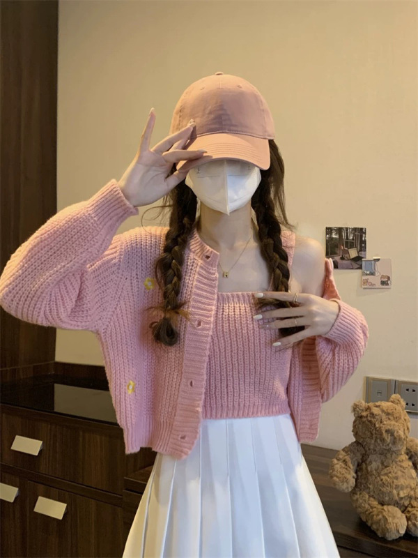 花朵刺绣针织开衫毛衣吊带两件套女2025秋冬新款显瘦外套甜辣上衣|undefined